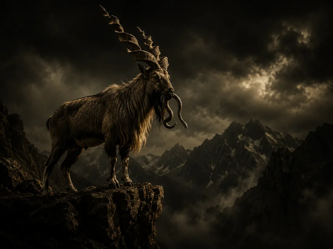 Markhor standing on a mountain cliff